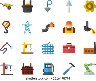 Color flat icon set hook flat vector, trowel, wheelbarrow, cogwheel, tool bag, construction plummet, hammer, main pipeline, refueling, power line support, manufactory, plant, worker, crane, welding