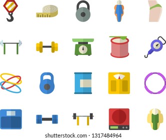 Color flat icon set hook flat vector, weighing machine, spring balance, dumbbell, barbell, weight, centimeter, buttocks, proteins, steroids, hoop, size, lose