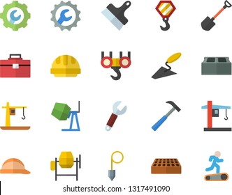 Color flat icon set hook flat vector, concrete mixer, trowel, tool bag, hard hat, repair, putty knife, construction plummet, brick, hammer, shovel, crane, wrench, Treadmill