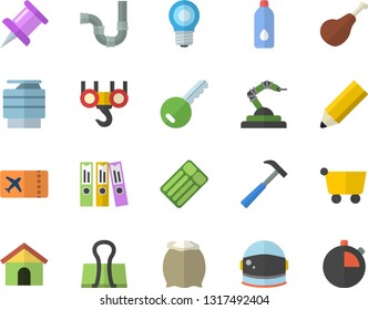 Color flat icon set hook flat vector, pipes, hammer, flour, ham, lamp, robotics, grocery trolley, drawing pin, folder, copy machine, pencil, astronaut helmet fector, water, ticket, key, house