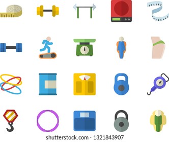 Color flat icon set hook flat vector, weighing machine, spring balance, dumbbell, barbell, weight, centimeter, buttocks, Treadmill, proteins, hoop, size, lose