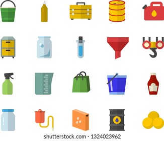 Color flat icon set hook flat vector, tool bag, meashuring cup, groats, glass jar, ketchup, mustard, pulverizer, bucketful, oil tanks, canister, bottles, funnel, bags, medical warmer, archive, pills