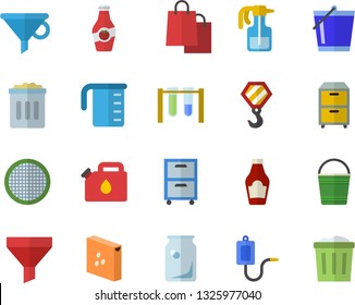 Color flat icon set hook flat vector, meashuring cup, groats, sieve, ketchup, pulverizer, bucketful, canister, glass bottles, funnel, bags, medical warmer, archive, beakers, trash can