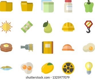 Color flat icon set hook flat vector, hard hat, spaghetti, lemon, on a fork, bell pepper, scrambled eggs, pear, pancakes, sun, radiation, computer file, sticker, notebook, vitamins, lamp