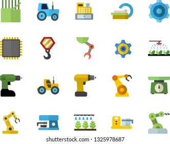 Color flat icon set hook flat vector, cogwheel, drill screwdriver, weighing machine, coffee, food processor, tractor, sprinkling, fabric manufacture, robotics, cash, tomograph, robot hand, cpu