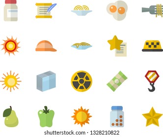 Color flat icon set hook flat vector, hard hat, spaghetti, on a fork, bell pepper, scrambled eggs, pear, sun, radiation, sticker, hostory roll, vitamins, fector, taxi, favorites