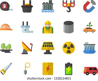 Color flat icon set hook flat vector, saw, tape measure, hard hat, switch box, construction plummet, battery, solar, forest, plug socket, hydroelectric power station, worker, radiation, eco cars