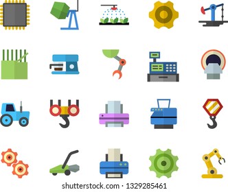 Color flat icon set hook flat vector, concrete mixer, cogwheel, coffee machine, tractor, sprinkling, lawn mower, oil pumping, fabric manufacture, cash, tomograph, printer, copy, robot hand, cpu