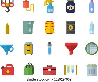Color flat icon set hook flat vector, tool bag, meashuring cup, sieve, jam, mustard, pulverizer, oil tanks, canister, funnel, bags, medical warmer, archive, beakers, water, trash can