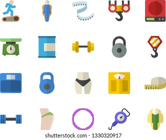 Color flat icon set hook flat vector, weighing machine, spring balance, dumbbell, weight, centimeter, buttocks, waistline, Treadmill, proteins, hoop, size, lose