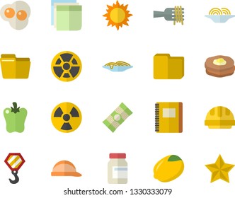 Color flat icon set hook flat vector, hard hat, spaghetti, lemon, on a fork, bell pepper, scrambled eggs, pancakes, sun, radiation, computer file, sticker, notebook, vitamins, favorites