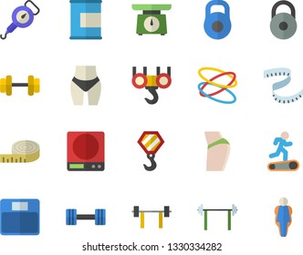 Color flat icon set hook flat vector, weighing machine, spring balance, dumbbell, barbell, weight, centimeter, buttocks, waistline, Treadmill, proteins, hoop, size