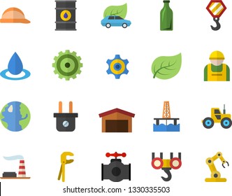 Color flat icon set hook flat vector, tool, hard hat, tractor, oil production platform, main pipeline, tree leaf, earth, factory, tanks, plug socket, construction worker, drop, eco cars, warehouse