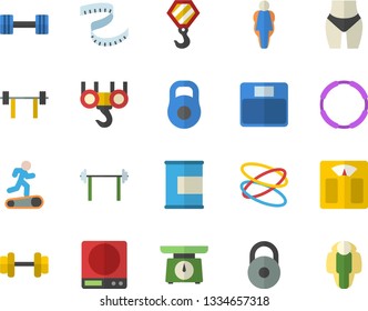 Color flat icon set hook flat vector, weighing machine, dumbbell, barbell, weight, centimeter, waistline, Treadmill, proteins, hoop, size, lose