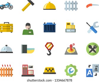 Color flat icon set hook flat vector, tool, bag, repair, warm floor, hammer, dish, knife, gas station, accumulator, radiator, telephone operator, cash machine, motorcycle fector, hotel first line