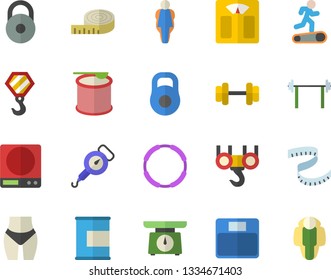 Color flat icon set hook flat vector, weighing machine, spring balance, dumbbell, barbell, weight, centimeter, waistline, Treadmill, proteins, steroids, hoop, size, lose