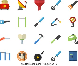 Color flat icon set hook flat vector, saw, hammer, teflon, kitchen spatula, whisk, knives, toaster, mixer, table setting, knife, satellite antenna, welding, funnel, implant, parallel bars