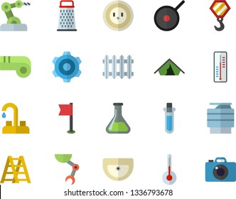 Color flat icon set hook flat vector, faucet, cogwheel, ladder, sink, teflon, temperature, grater, thermometer, chemistry, socket, radiator, copy machine, robot hand, beakers, industrial, whistle