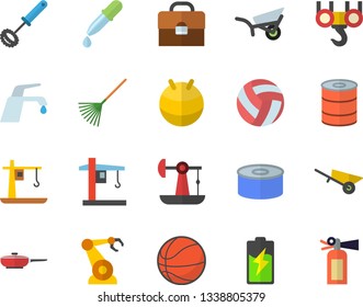 Color flat icon set hook flat vector, wheelbarrow, faucet, frying pan, whisk, canned food, rake, garden, battery, oil pumping, crane, robotics, pipette, briefcase, basketball, volleyball, fitball