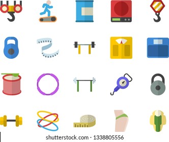 Color flat icon set hook flat vector, weighing machine, spring balance, dumbbell, barbell, weight, centimeter, buttocks, Treadmill, proteins, steroids, hoop, lose