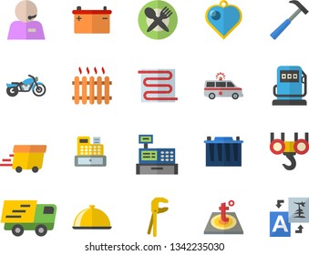 Color flat icon set hook flat vector, tool, warm floor, hammer, dish, refueling, accumulator, radiator, trucking, express delivery, cash machine, ambulance, phone operator, motorcycle fector