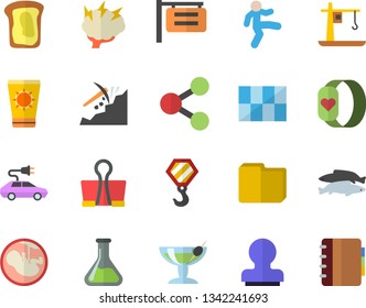 Color flat icon set hook flat vector, tile, fish, sandwich, chemistry, crane, electric cars, mining, signboard, molecules, embryo, computer file, stamp, brainstorm, gymnastics, fitness bracelet