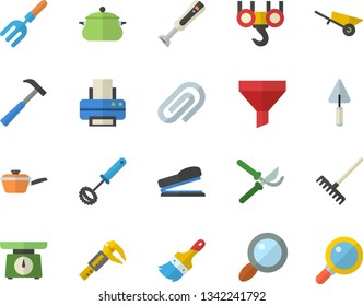 Color flat icon set hook flat vector, trowel, wheelbarrow, paint brush, hammer, saucepan, saute, weighing machine, whisk, blender, pitchfork, secateurs, rake, trammel, funnel, magnifier, clip