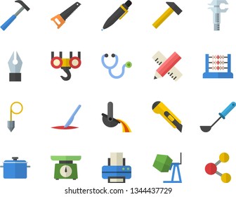 Color flat icon set hook flat vector, concrete mixer, saw, measure, construction plummet, stationery knife, hammer, saucepan, weighing machine, ladle, metallurgy, trammel, stethoscope, scalpel