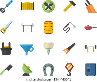 Color flat icon set hook flat vector, saw, fence, hammer, frying pan, whisk, knives, horseshoe, oil tanks, satellite antenna, welding, metallurgy, funnel, implant, barbell, table setting fector