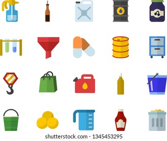 Color flat icon set hook flat vector, meashuring cup, ketchup, sauce, jam, mustard, pulverizer, bucketful, oil tanks, canister, funnel, bags, archive, beakers, pills, trash can