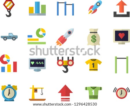 Color flat icon set hook flat vector, pickup truck, crane, rocket, wealth, statistics, computer diagnostics of health, statistic, parallel bars, sport T shirt, upload, alarm clock