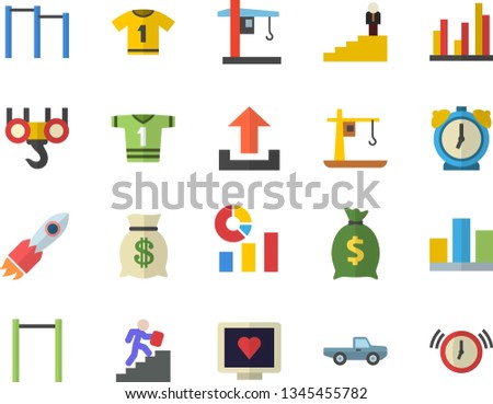 Color flat icon set hook flat vector, pickup truck, crane, rocket, wealth, statistics, computer diagnostics of health, statistic, career ladder, parallel bars, sport T shirt, upload, alarm clock