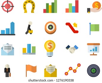 Color flat icon set horseshoe flat vector, chart, investments, idea, scatter, flag, statistic, target, agreement, businessman, escalator fector, message