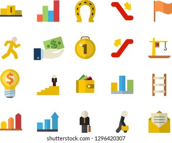 Color flat icon set horseshoe flat vector, ladder, crane, investments, purse, idea, flag, statistic, businessman, career, chart, medal, pedestal, achievement, run, escalator fector, message