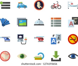 Color flat icon set hospital bed flat vector, ultrasound, helicopter, embryo, tomograph, car fector, bicycle, flippers, no smoking, jingle, gallery, menu, download, translate, eye