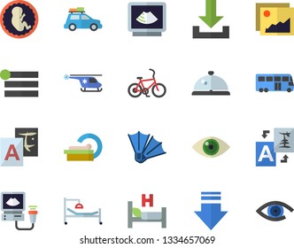 Color flat icon set hospital bed flat vector, ultrasound, helicopter, embryo, tomograph, car fector, bus, bicycle, flippers, jingle, gallery, menu, download, translate, eye