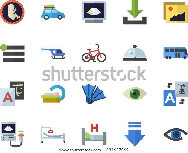 Color flat icon\
set hospital bed flat vector, ultrasound, helicopter, embryo,\
tomograph, car fector, bus, bicycle, flippers, jingle, gallery,\
menu, download, translate,\
eye