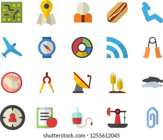 Color Flat Icon Set Hot Dog Flat Vector, Fish, Ear, Oil Pumping, Satellite Antenna, Dividers, Location, Person, Target Audience, Blood Transfusion, Embryo, Clircle Diagram, Electronic Circuit, Diet