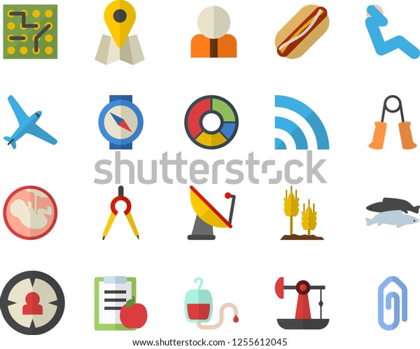 Color flat icon set hot dog flat vector, fish, ear,\
oil pumping, satellite antenna, dividers, location, person, target\
audience, blood transfusion, embryo, clircle diagram, electronic\
circuit, diet