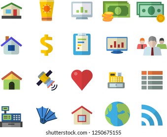 Color flat icon set house flat vector, earth, graphic report, cash, dollar, team, machine, heart, computer chart, satellit, sun protection cream fector, flippers, menu, broadcast
