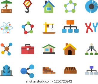 Color flat icon set house flat vector, brick wall, hook, tool bag, well, crane, hierarchy, molecules, chromosomes, office building, clircle diagram, molecule, atom, classification
