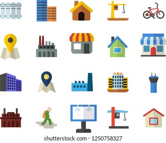 Color flat icon set house flat vector, skyscraper, heating batteries, manufactory, plant, crane, store front, billboard, location, office building, airport tower fector, hike, bicycle, hotel