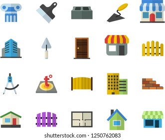 Color flat icon set house flat vector, brick wall, trowel, layout, Entrance door, skyscraper, putty knife, fence, warm floor, dividers, store front, office building, antique column fector, shop