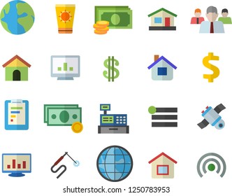 Color flat icon set house flat vector, welding, earth, graphic report, cash, dollar, team, machine, computer chart, satellit, sun protection cream fector, menu, broadcast
