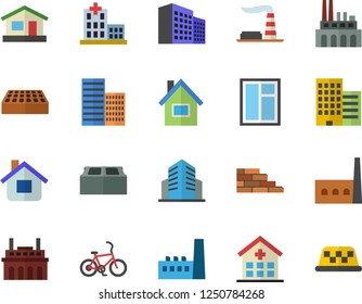 Color flat icon set house flat vector, brick wall, window, skyscraper, factory, manufactory, plant, hospital, office building, bicycle fector, taxi