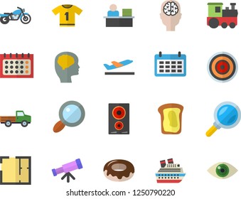 Color flat icon set house layout flat vector, induction cooker, donut, sandwich, pickup truck, magnifier, calendar, office worker, telescope, brain fector, sport T shirt, train, motorcycle, eye