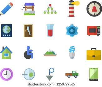 Color flat icon set house flat vector, cogwheel, Entrance door, construction plummet, microwave, well, pickup truck, lighthouse, case, target audience, blood test, disabled, artificial insemination