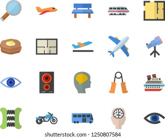 Color flat icon set house layout flat vector, induction cooker, pancakes, bench, eye, magnifier, telescope, brain fector, carpal expander, aircraft, train, bus, motorcycle, departure, cruise ship