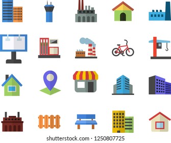 Color flat icon set house flat vector, skyscraper, heating batteries, bench, gas station, factory, manufactory, plant, crane, store front, billboard, location, office building, airport tower fector