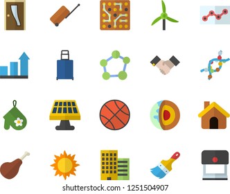 Color flat icon set house flat vector, paint brush, Entrance door, skyscraper, potholder, ham, sun, solar battery, windmill, DNA, point diagram, agreement, molecule, electronic circuit, basketball